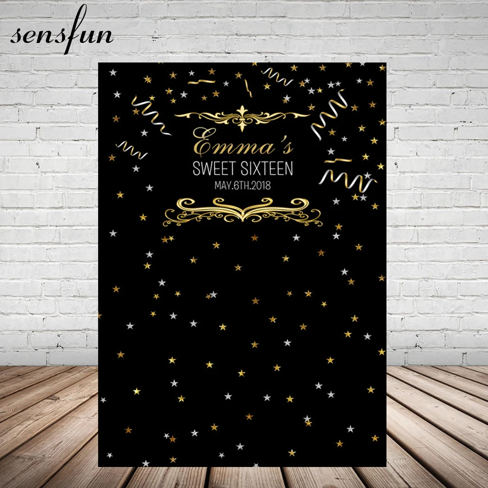 

Sensfun Little Stars Gold Sweet 16 Party Backdrop Black Birthday Party Celebration Backgrounds For Photo Studio 5x7FT Vinyl