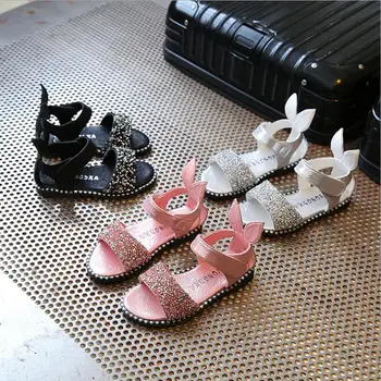 

2019 New Fashion Girl Sandals Rabbit Ear Bling Shiny shoes Rhinestone princess Girl Flat Shoes With Bow Kids Comfortable Sandals