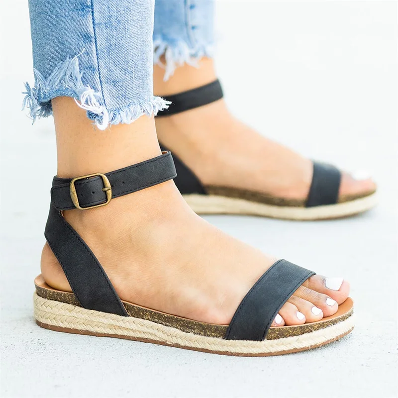 

Women Sandals Fashion Straw Shoes Woman Summer Wedges Sandals Ankle Strap Casual Ladies Flat Sandals