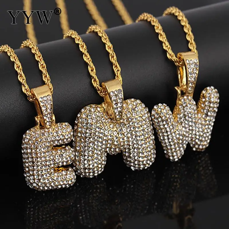 Cubic Zirconia Hip Hop Chain Neckalce A-Z Custom Name Bubble Initial Letter Necklaces& Pendant Charm For Women Men Jewelry