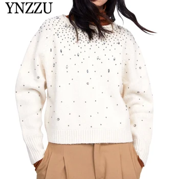 

YNZZU 2019 New Spring Hot Drilling Women's Sweater Loose Knitted Pullovers Jumper O Neck Autumn Sweater Women Pull Femme YT516