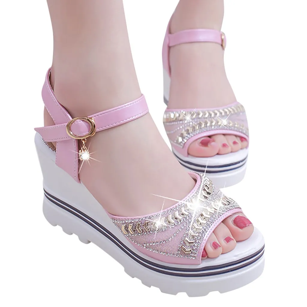 

2019 Fashion Women Buckle Strap Summer Pumps With Platform Super High Sandal Roman Wedges Crystal Element Peep Toe Sandals May 8