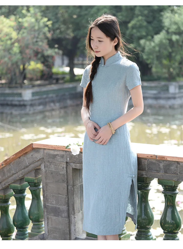 Новое летнее платье Чонсам с коротким рукавом, тонкое улучшенное китайское ретро платье с воротником-стойкой и пуговицами