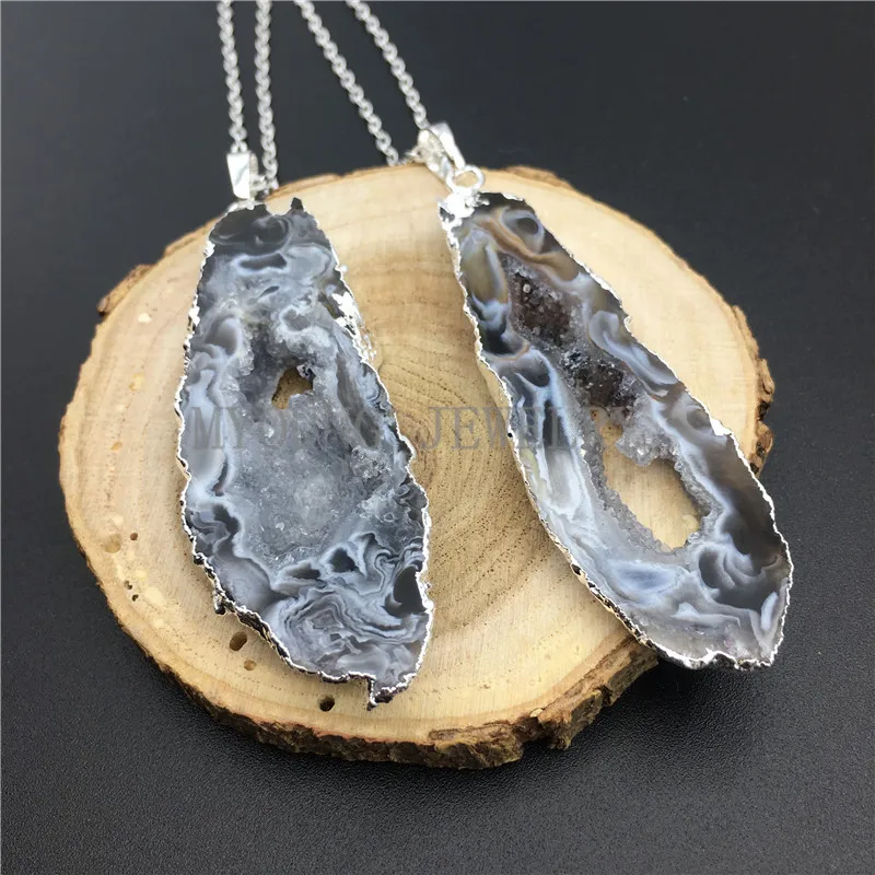 MY0856 Natural Agates Geode Druzy Slice Silver Electroplated Pendant Necklace With Silver Color Chain (2)