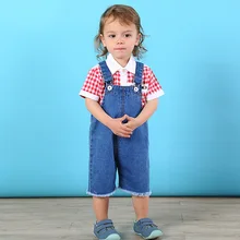 Джинсовые комбинезоны для девочек; Новинка года; весенняя одежда для маленьких мальчиков; однотонные свободные укороченные брюки; модный детский комбинезон; От 1 до 3 лет