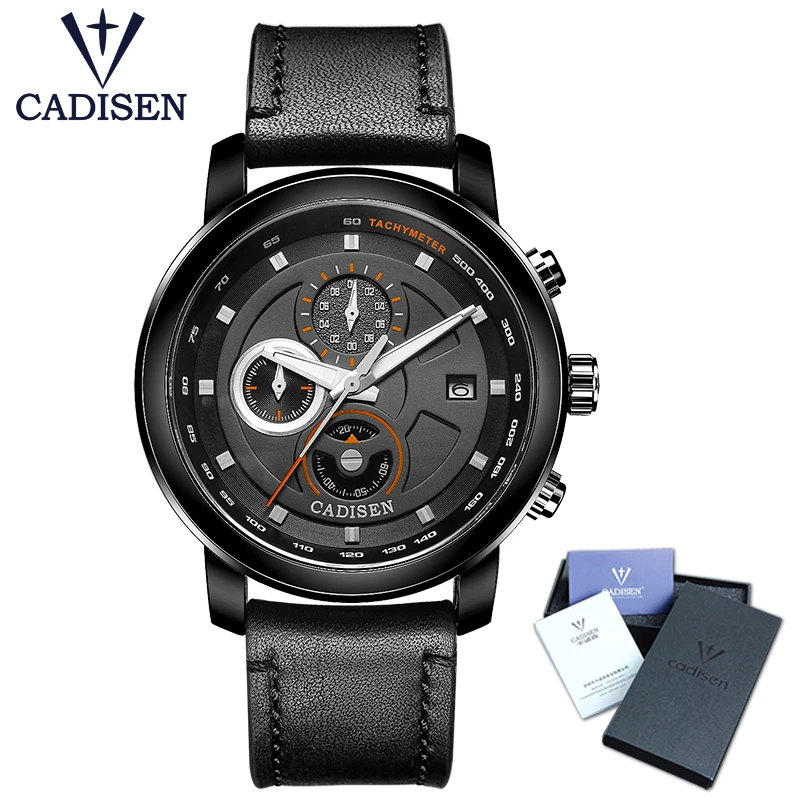 

CADISEN 2019 New Men Quartz Watch Turntable Chronograph Display Calendar Clock Men's Military Waterproof Leather Reloj Hombre
