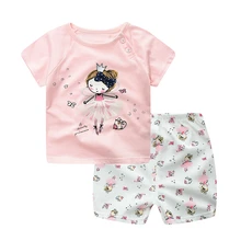 WYNNE GADIS Summer Baby Clothing Sets Cartoon Girls Short Sleeve O Neck T-shirt Tops + Print Shorts Kids Infant Two Pieces Suits