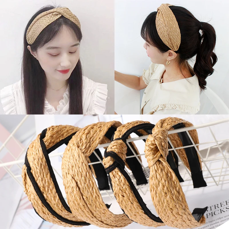 

Handmade 12 Colors Double color stitching Summer 1PC Wide Cloth Straw Plaited Article Cross Straw Weaving Knotted Bohemian