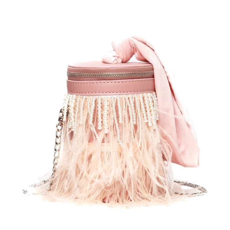 

Bucket Shoulder Bag Feather Pearl Pu Leather New Fashion For Women Famous Brand Women Messenger Bag
