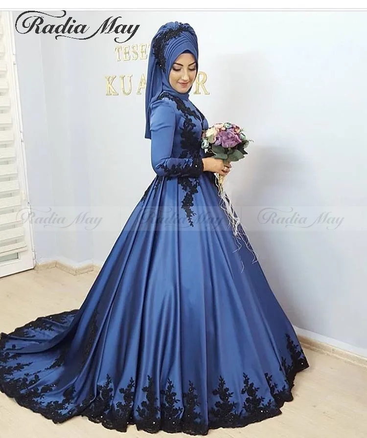 

Saudi Arabic Blue Long Sleeves Muslim Evening Dress Ball Gown High Neck Lace Appliques Beaded Dubai Wedding Formal Party Dresses