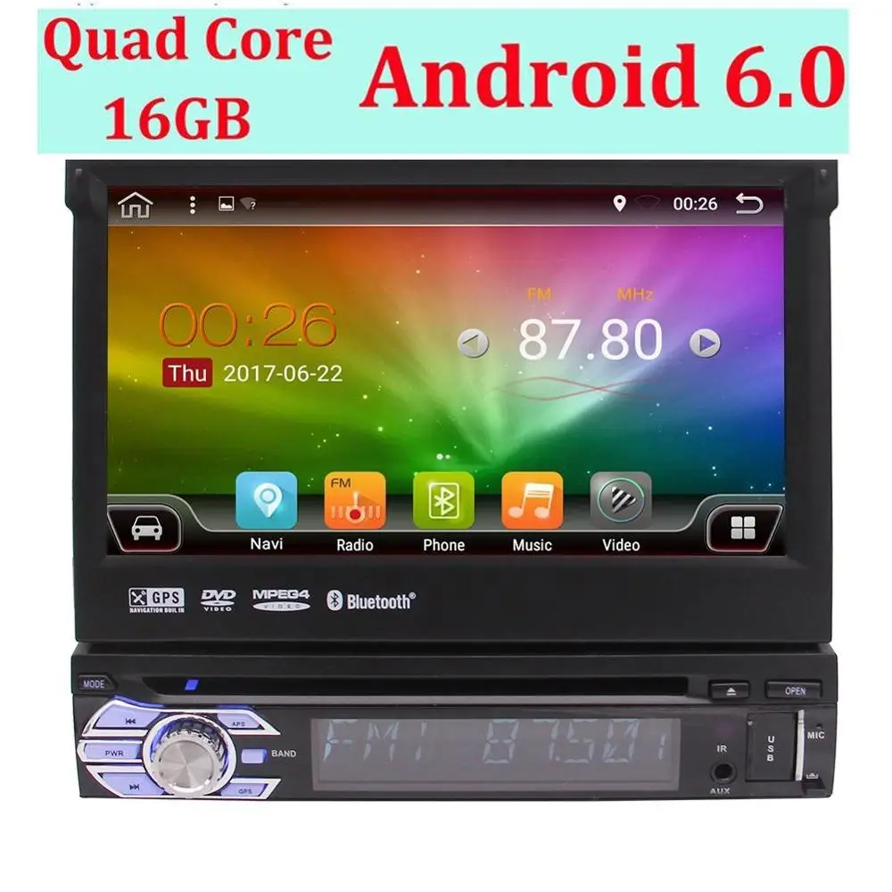 Android 6.0 Single Din Car Stereo 1 Din Head Unit GPS Navigation Support DAB+,OBD2, WiFi 3G, Radio RDS, 64GB USB SD, Bluetooth