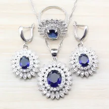 Дубай роскошные аксессуары синий CZ 925 пробы серебро большой цветок Ювелирные наборы для женщин костюм кольцо серьги ожерелье наборы