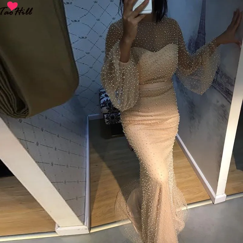 

TaoHill Elegant Long Sleeve Evening Dress O-neck Champagne Tulle Prom Dresses Mermaid Bride Banquet Dress