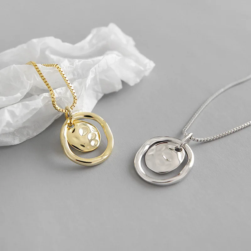 

Authentic 925 Sterling silver Irregular Circle with concave-convex Coin Geometric pendants Sweater Long necklace Jewelry XLx308