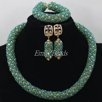 

Teal Green/Gold African Jewelry Sets Lemon Nigerian Wedding Crystal Beads Indian Bridal Necklace Sets Free Shipping AIJ408