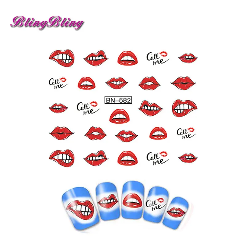 Blingbling 2 шт. большой месяц Дизайн ногтей Стикеры сексуальные губы Водные Наклейки