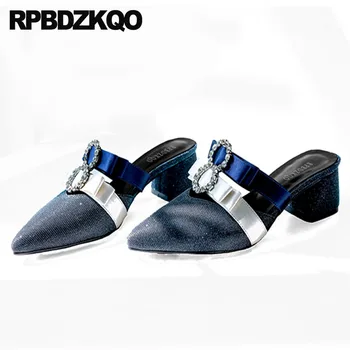 

glitter black thick rhinestone mules slipper satin dress shoes women footwear diamond high quality crystal pointed toe sandals