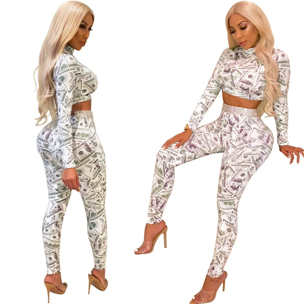 2 Pieces Set Outono Women Dollar Bill Printing Slim Bodycon Crop Top Pants Set Women Sportwear Two Pieces Tracksuit Autumn 2018 