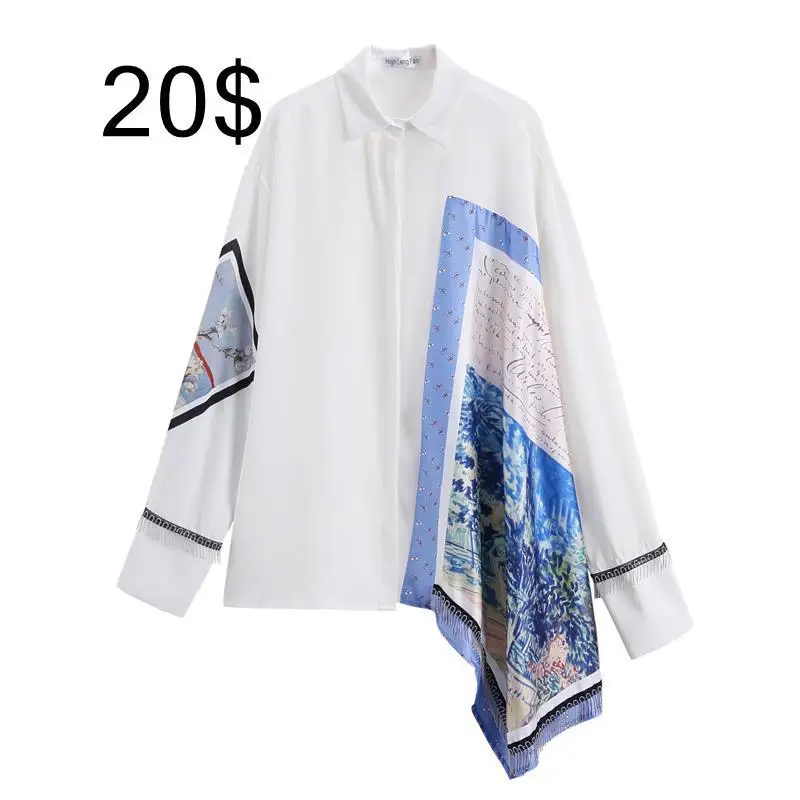 

[EWQ] 2019 Spring Autumn New Pattern Lapel Long Sleeve Single Breasted Asymmetrical Print High Street Shirt Women AE107079