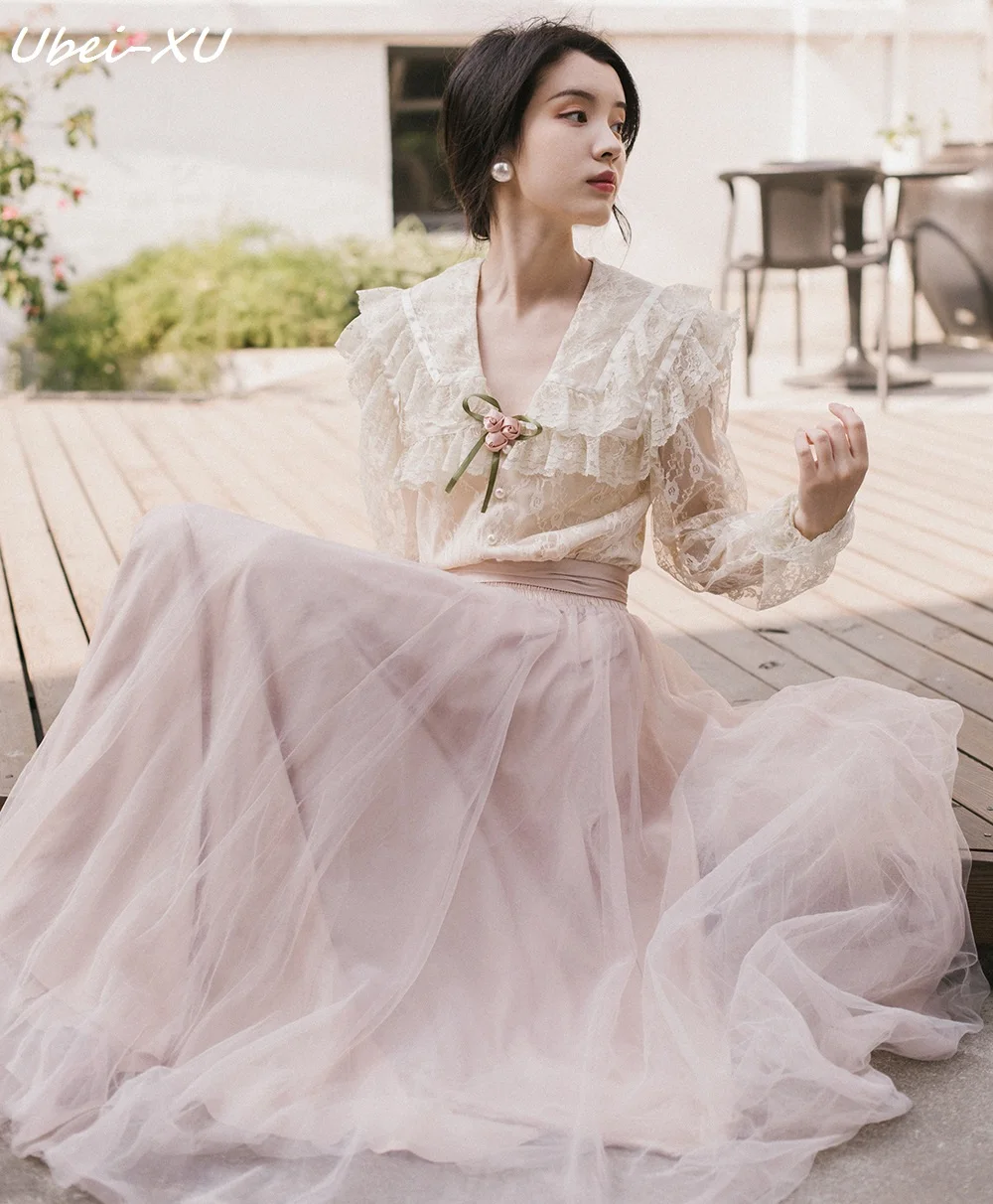 Unei женский костюм Виктория Французский Ретро очень изящный комплект из двух предметов белая кружевная рубашка+ розовая юбка Феи наборы