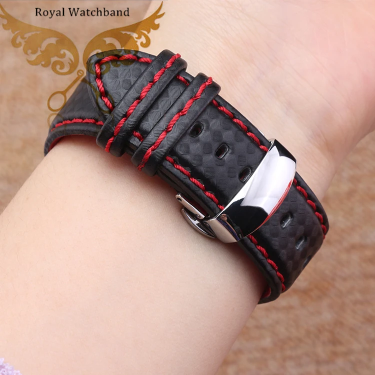 Watch band 18mm 20mm 22mm 24mm Popular Red Stitching Carbon Fiber Fabric Replacement Genuine Leather Watchb
