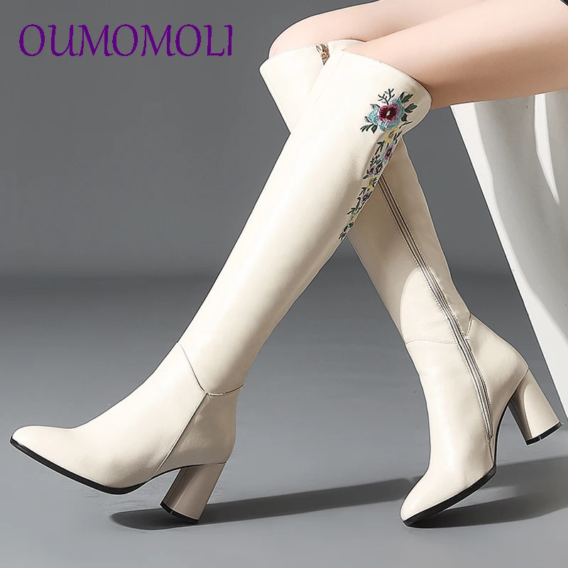 

2019 Women Knee High Boots High Heels Genuine Leather Flower Handmade Vintage Block Heels Side Zipper Women Boots