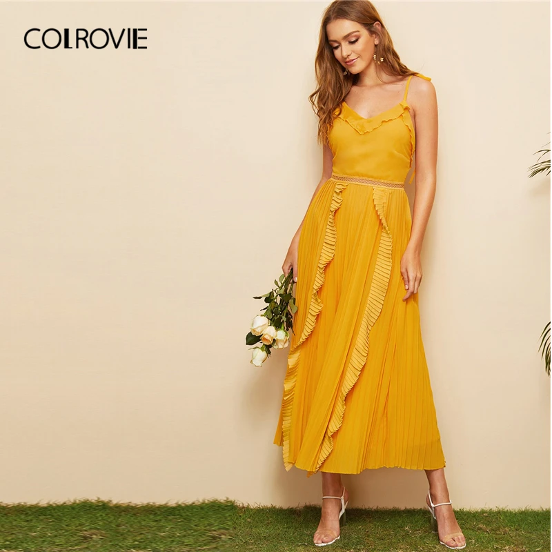 COLROVIE, желтое Плиссированное Платье макси с оборками и открытой спиной, Boho Cami, женское платье, летнее праздничное облегающее и расклешенное платье-комбинация, женские платья