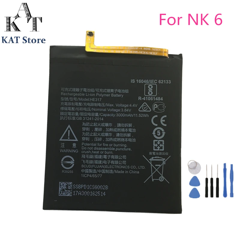 

HE317 3000mAh Phone Battery For Nokia 6 1st Gen TA-1000 TA-1003 Battery Replacement High Quality AAA Gift Tools