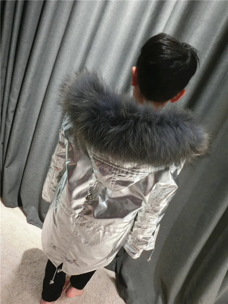 Модное зимнее пальто для мальчиков детские куртки с отстегивающейся подкладкой из натурального меха серебряное пальто для мальчиков и девочек теплые парки для маленьких девочек детское пальто с мехом - Цвет: Темно-серый