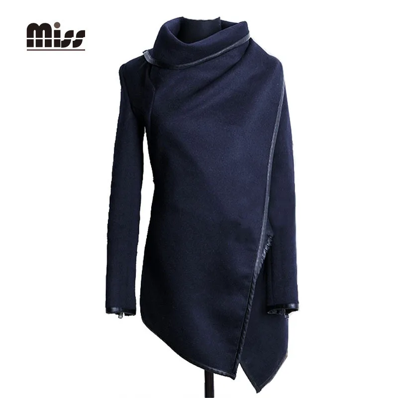 MISS 2016 Women Wool Coats Solid Grey Winter Slim Zipper Casual Long