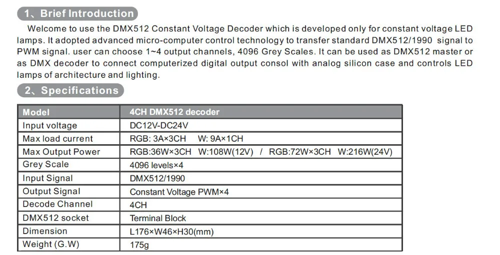 BC-834; 4CH RGBW DMX преобразователь постоянного напряжения; DC12-24V вход; 3A* 4 канальный выход