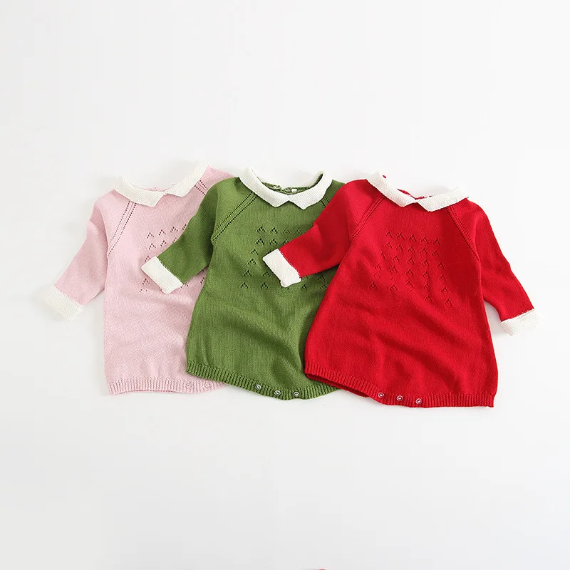 

Everweekend Baby Girls Knitted Sweater Rompers Candy Red Pink Green Color Toddler Baby Clothing Autumn Long Sleeve Clothes