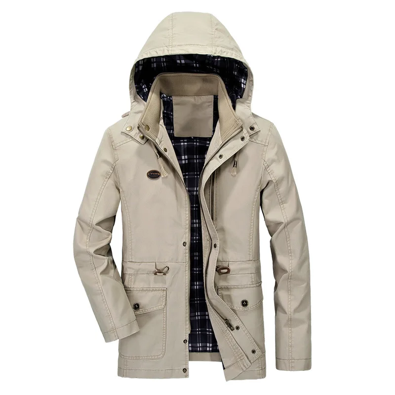 Khaki KH осенне-зимние мужские куртки, модное пальто с капюшоном, мужская повседневная куртка из хлопка, ветровка, верхняя одежда, большие размеры 5XL - Цвет: Khaki