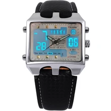 Brand New OHSEN Rectangle Dial Digital Dual Time LCD Mens Date Alarm Stopwatch Analog Quartz Sport Leather Wrist Watch / OHS034
