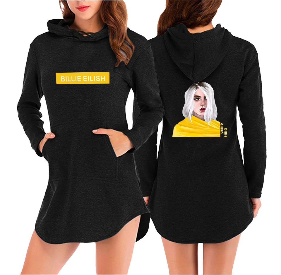 Billie Eilish/модное женское зимнее платье; Повседневное платье с длинными рукавами и капюшоном и передним карманом; мини-платья для вечеринок; толстовки-платья; платье