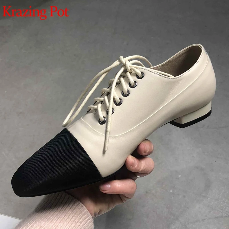 Krazing Pot new superstar genuine leather low heels women pumps lace up gladiator brand concise party mixed color shoes L17