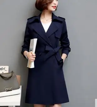 navy blue Весна и осень новая женская ветровка, куртка Модные средней длины пальто с длинными рукавами сплошной цвет двубортный женский KO325 - Цвет: navy blue