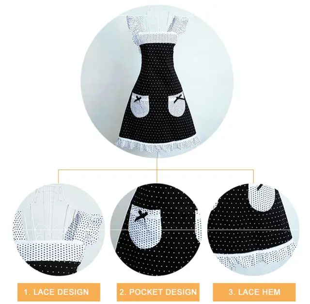 Princess Frill Lace Black White Polka Dot Kitchen Cooking Aprons for Women with Pockets Cross Back Drop Shipping 2