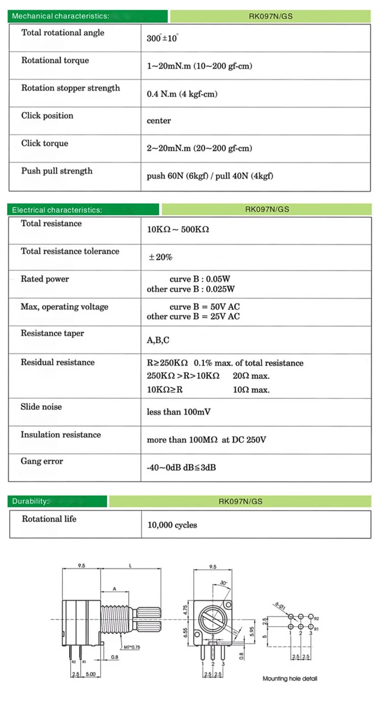 10 шт. RK097G Двойной аудио усилитель уплотнение потенциометра с 6P B5K B10K B20K B50K B100K