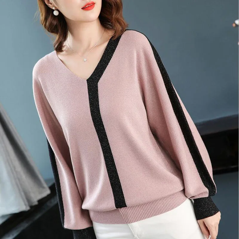 

Autumn Women Winter Tops Long Sleeve Short Fluffy Sweater Color Matching V-neck Bright Silk Winter Sweater New Shirt Women A146