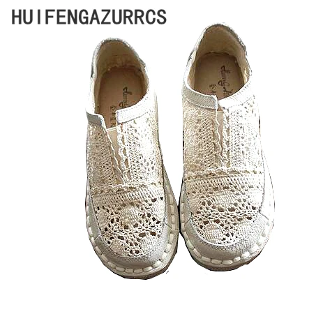 Acheter HUIFENGAZURRCS Véritable chaussures en cuir, pur à la main paresseux chaussures, dentelle crochet Dames fleur casual chaussures, doux art plat chaussures, 2 couleur