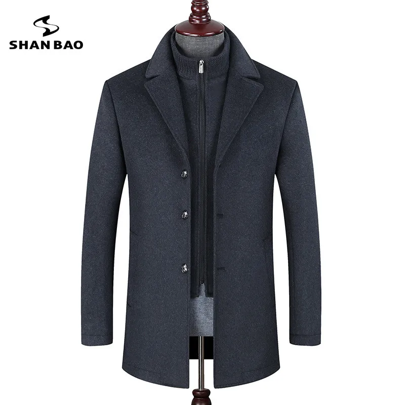 SHANBAO Брендовое высококачественное роскошное шерстяное пальто зимнее Новое Стильное деловое повседневное отстегивающееся двухкомпонентное Мужское пальто с отворотом