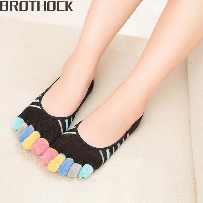 

Brothock cotton five finger socks women color toe stripes shallow mouth invisible boat socks non-slip silicone five toe socks