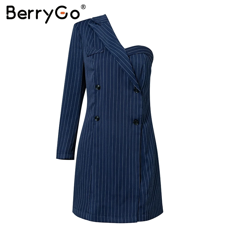 BerryGo A Line одно плечо Полосатый Блейзер платье халат двойной груди Кнопка зимнее 2018