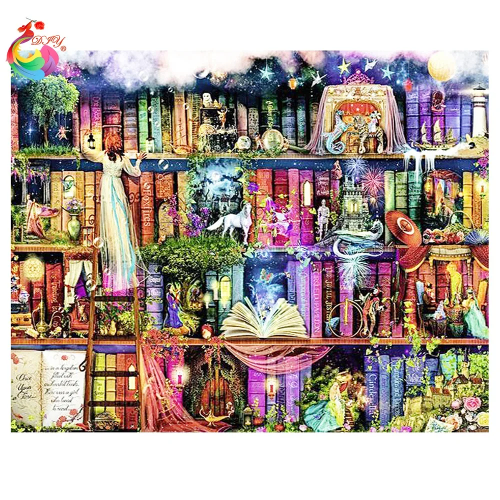 

DIY 5D Round Diamond Mosaic Rubik Cube Diamond Painting Cross Stitch Diamond Embroidery Landscape Beautiful bookcase Kits