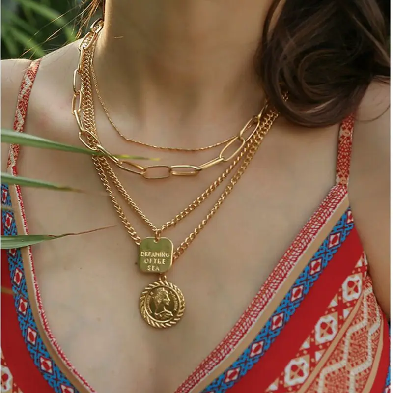

NK172 Multi-layer Gold Color Round Coin Pendant Necklace for Women Boho Simple Female Long Chain Necklace Collier 2019 Wholesale