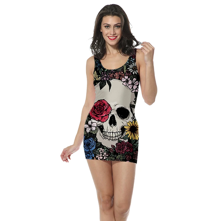 

Sexy womens short mini dress lady O Neck long sleeve slim vestidos Fashion Newest Clubwear Gothic skull dress Dropshipping-3