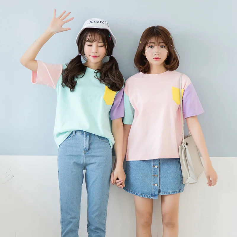 Женская летняя футболка в Корейском стиле Харадзюку с круглым вырезом и карманом, женская футболка с цветными вставками, классические топы