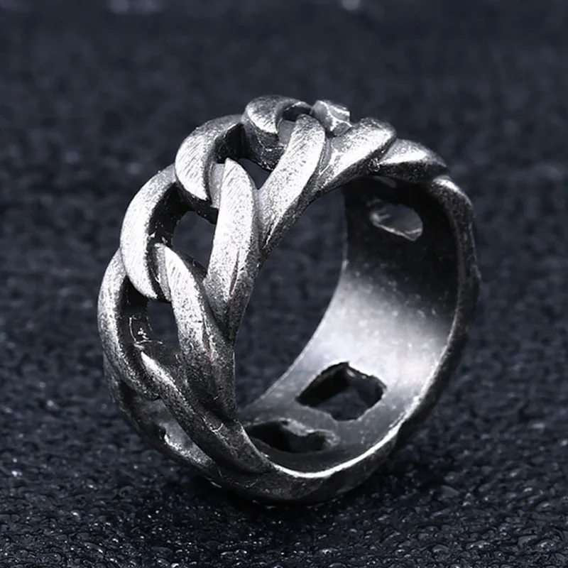 

Vintage Punk Style Titanium Steel Cuban Miami Chain Round Finger Ring High Quality Never Fade Retro Jewelry Male Gift