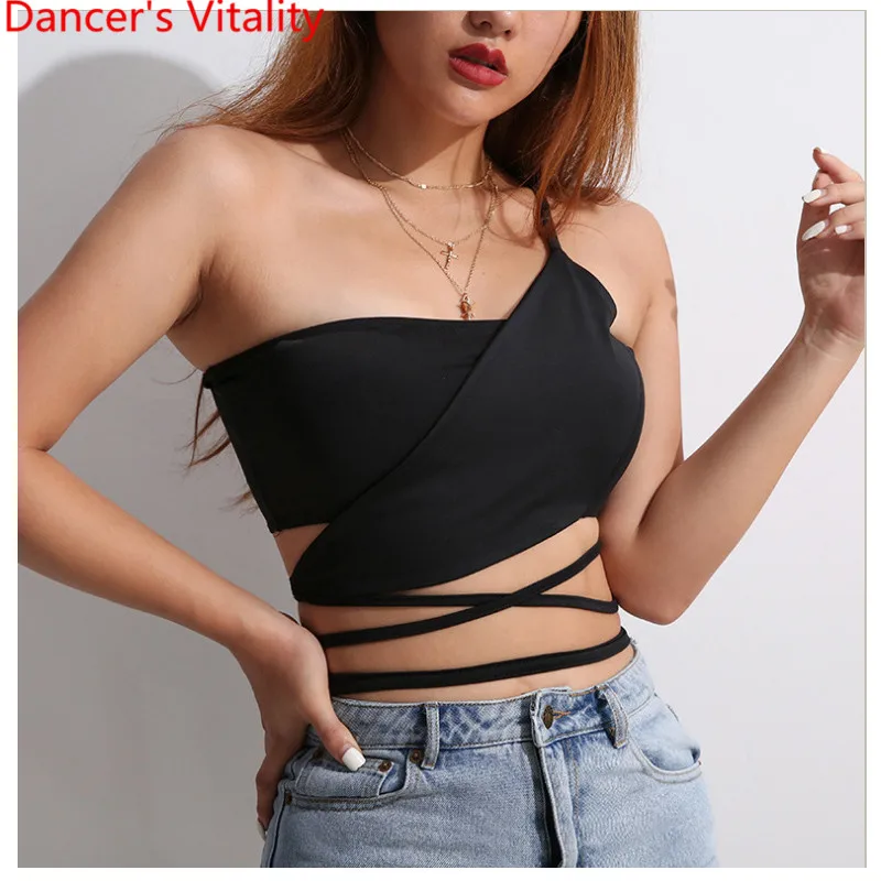 

Western New Bar DS Performance Costume Sexy Deep-v False Two-piece Bandage Top Vest Pole Jazz Dance Clothes Black Bra Outfits